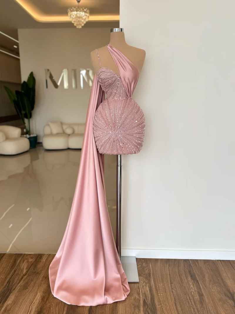 Pretty Sequins Customized Short Evening Dress One Shoulder Sleeve Ribbon Beading Prom Gowns Birthday Party ovia