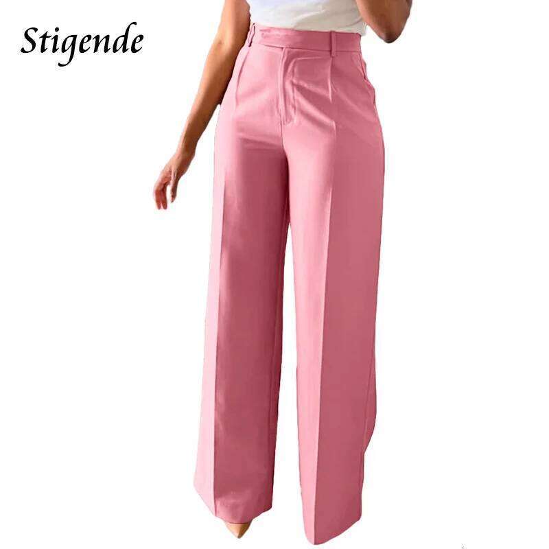 Stigende Wide Leg Straight Dress with Pocket Women Plain Color Business Casual Pants Loose Fit Midi Waist Office Trousers