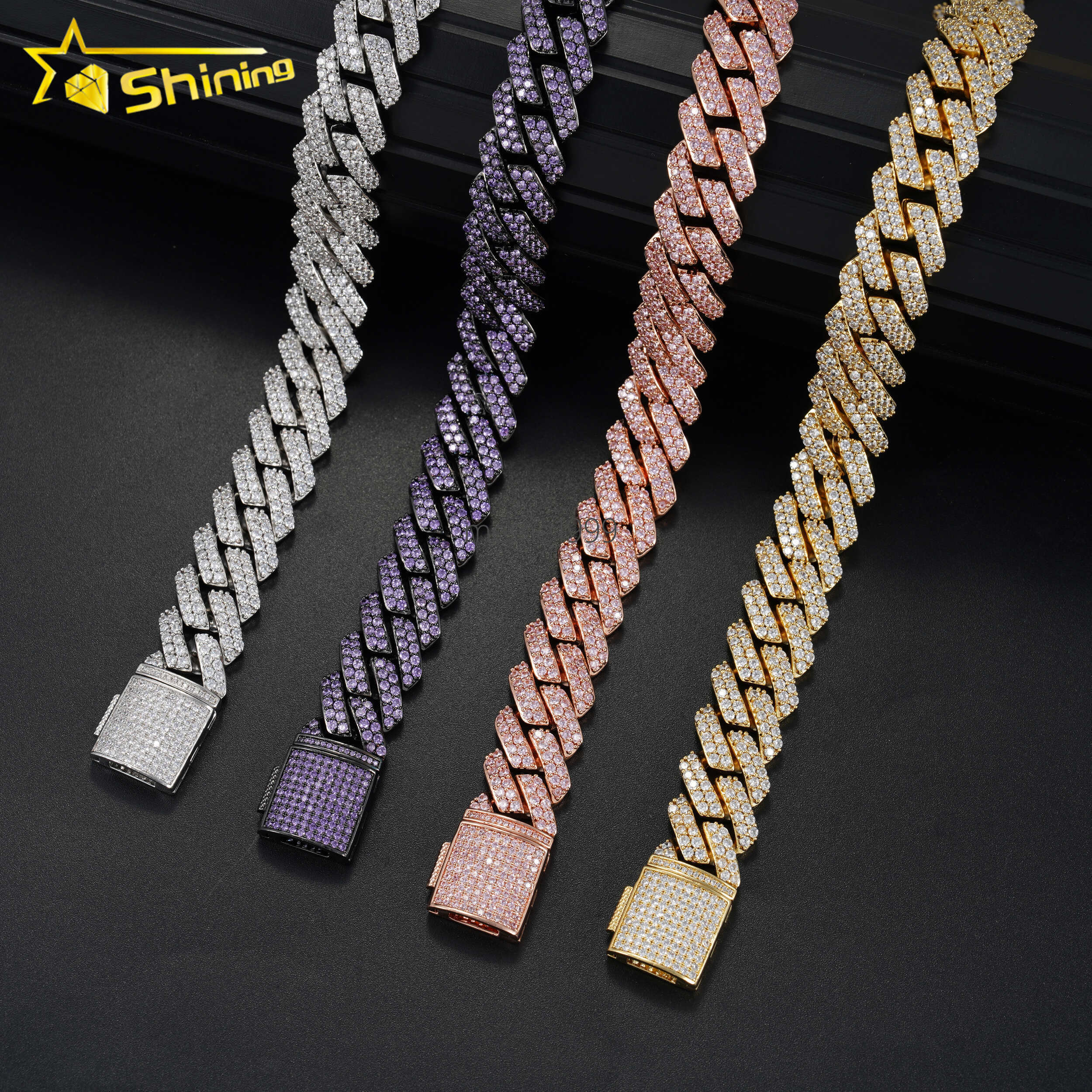 Iced Out 15mm Miami Cuban Link Necklace Brass moissanite Diamond Cuban Chains Colorful moissanite moissaniteia Necklaces for Men