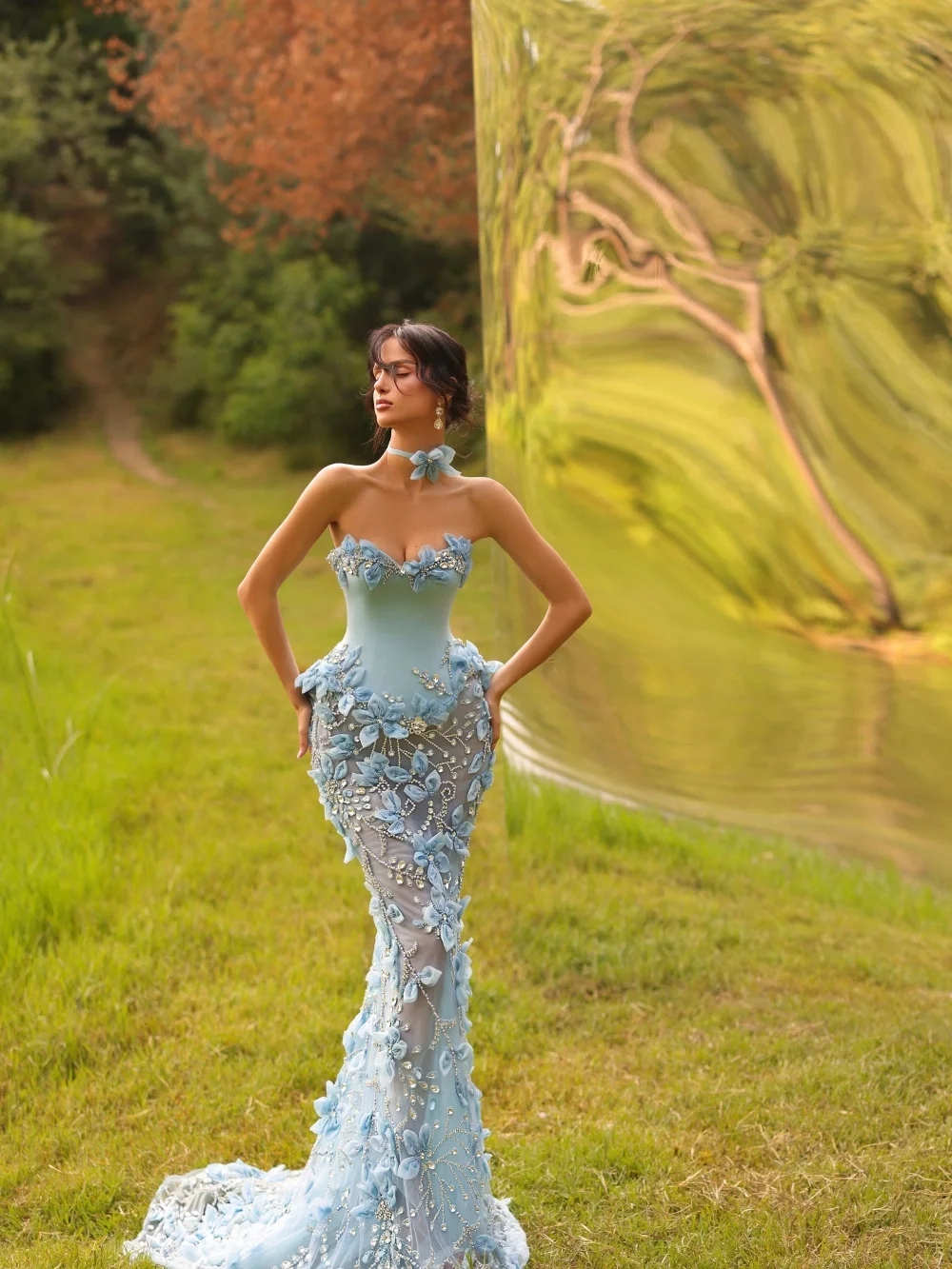 Fashion Sequins Evening Dresses 3D Floral Prom Gowns Rhinestone Illusion Sleeveless Princess Sweep Train Customized Vestidos De Noche Plus Size