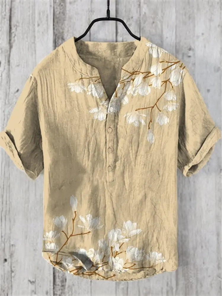 Mens Linen Blended Shirt Japanese Samurai Comfortable Casual Top Retro Printed Clothing 250808