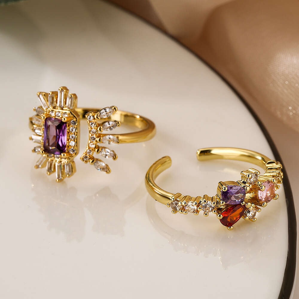 Niche Copper Gold-Plated Zircon Irregular Geometric Open Designer Ring for Women INS Light Luxury Exquisite Hand Jewelry