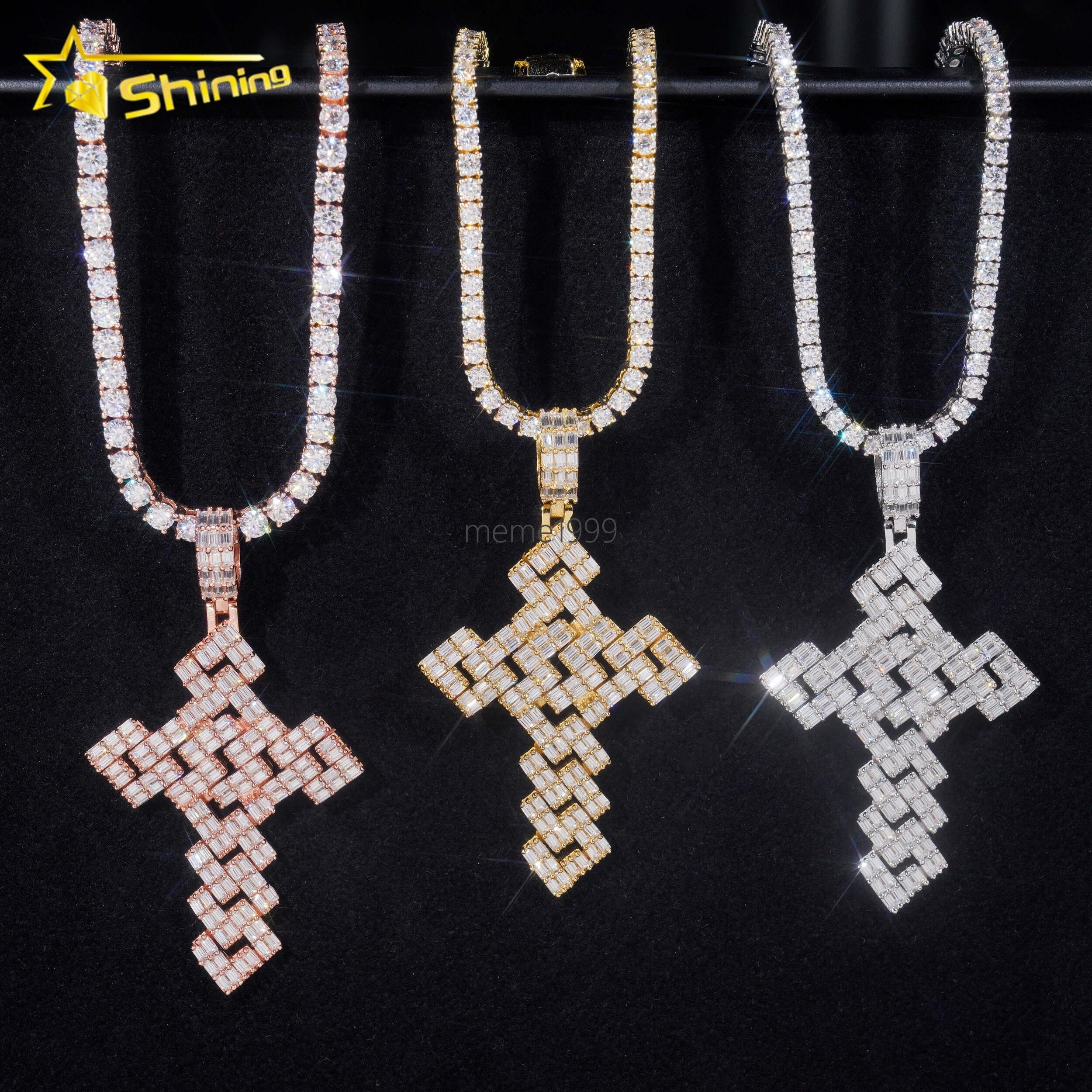 GRA Hip Hop Jewelry 925 Sterling Silver Gold Plated Iced Out VVS Baguette Custom Moissanite Pendant Cross