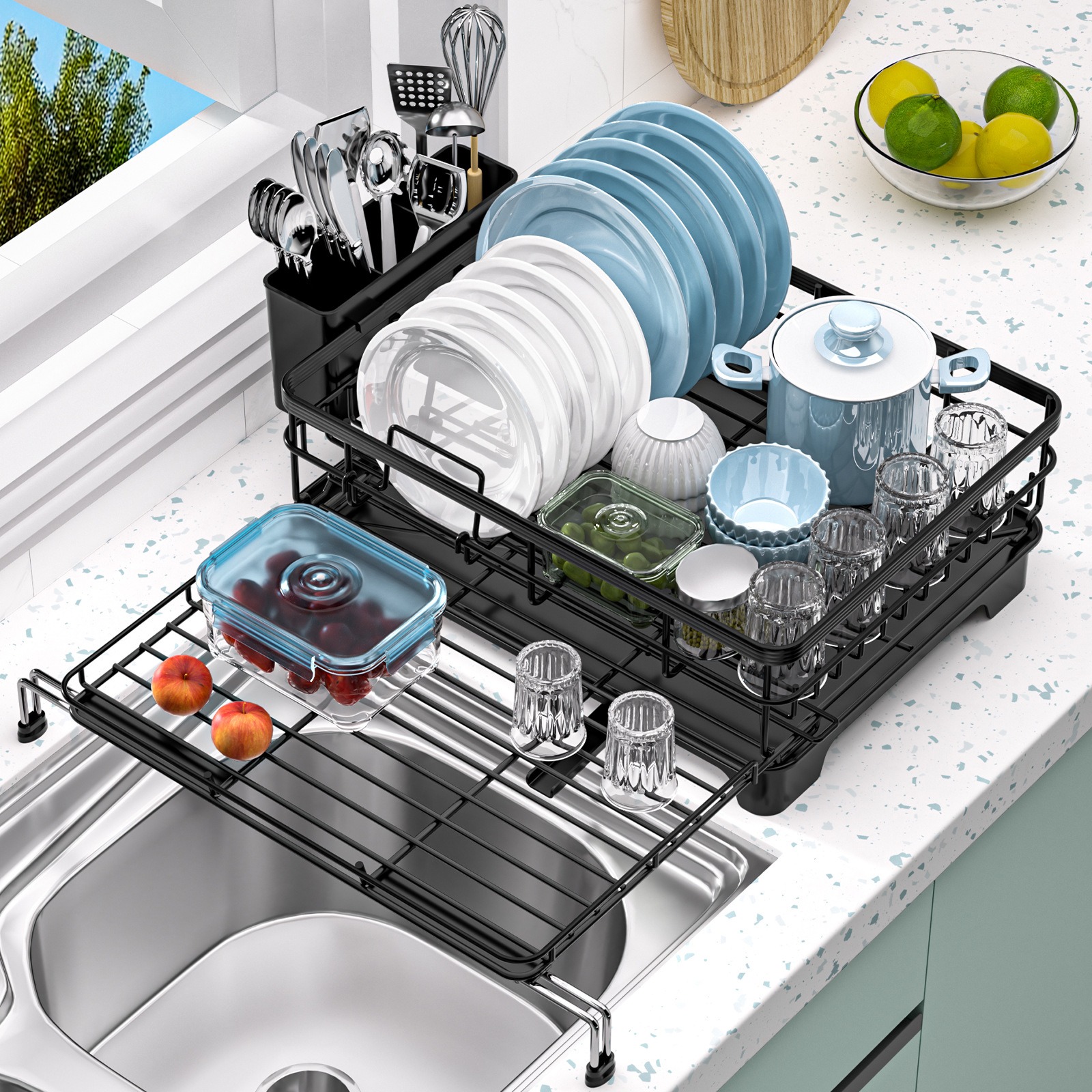 Extendable Dish Drying Rack for Kitchen Counter & Sink - Large Dish Drainer with Utensil Holder Anti-Rust Black Dish Rack Over The Sink Drying Rack & 
