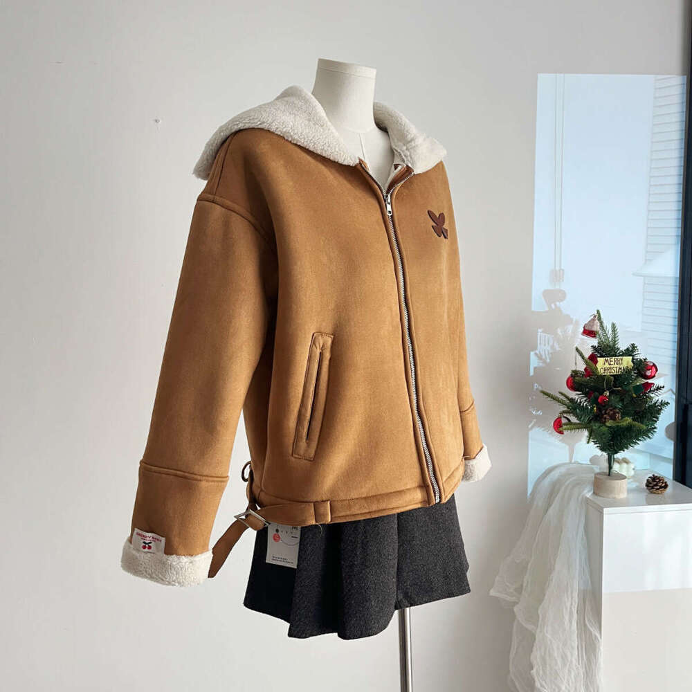 Fleece Collar Khaki Suede Jacket Women 2025 Autumn Winter Thick Warm Zipper Short Jacket Korean Y2K Faux Leather Coat Outerwears