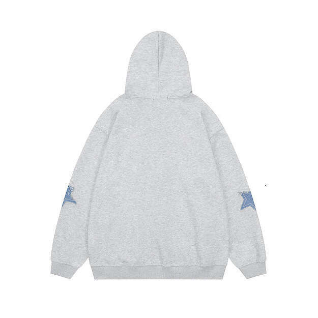 American Style Star Patch Hooded Sweatshirt Autumn Winter Fleece Loose Casual Couple Cardigan Jacket