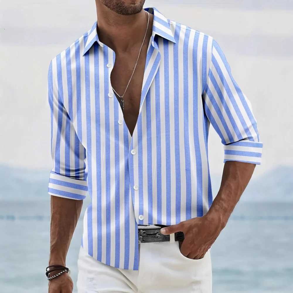 New fashion mens shirt long sleeve striped print top mens social mens wear Hawaiian elegant classic fashion Y250819