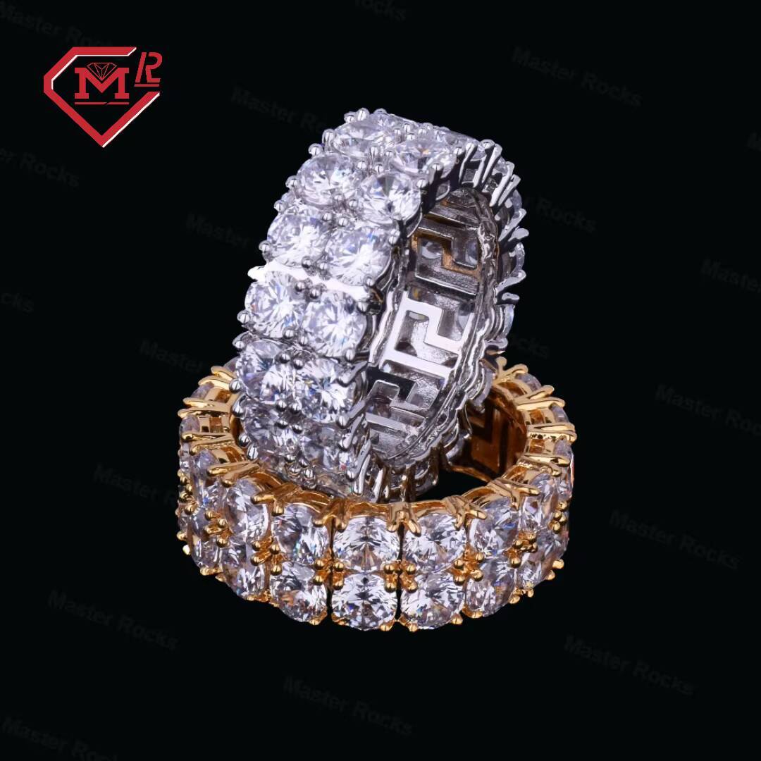 Shining Couples Iced Out Ring Two Rows Tennis Edition 925 Silver Moissanite Mens Ring