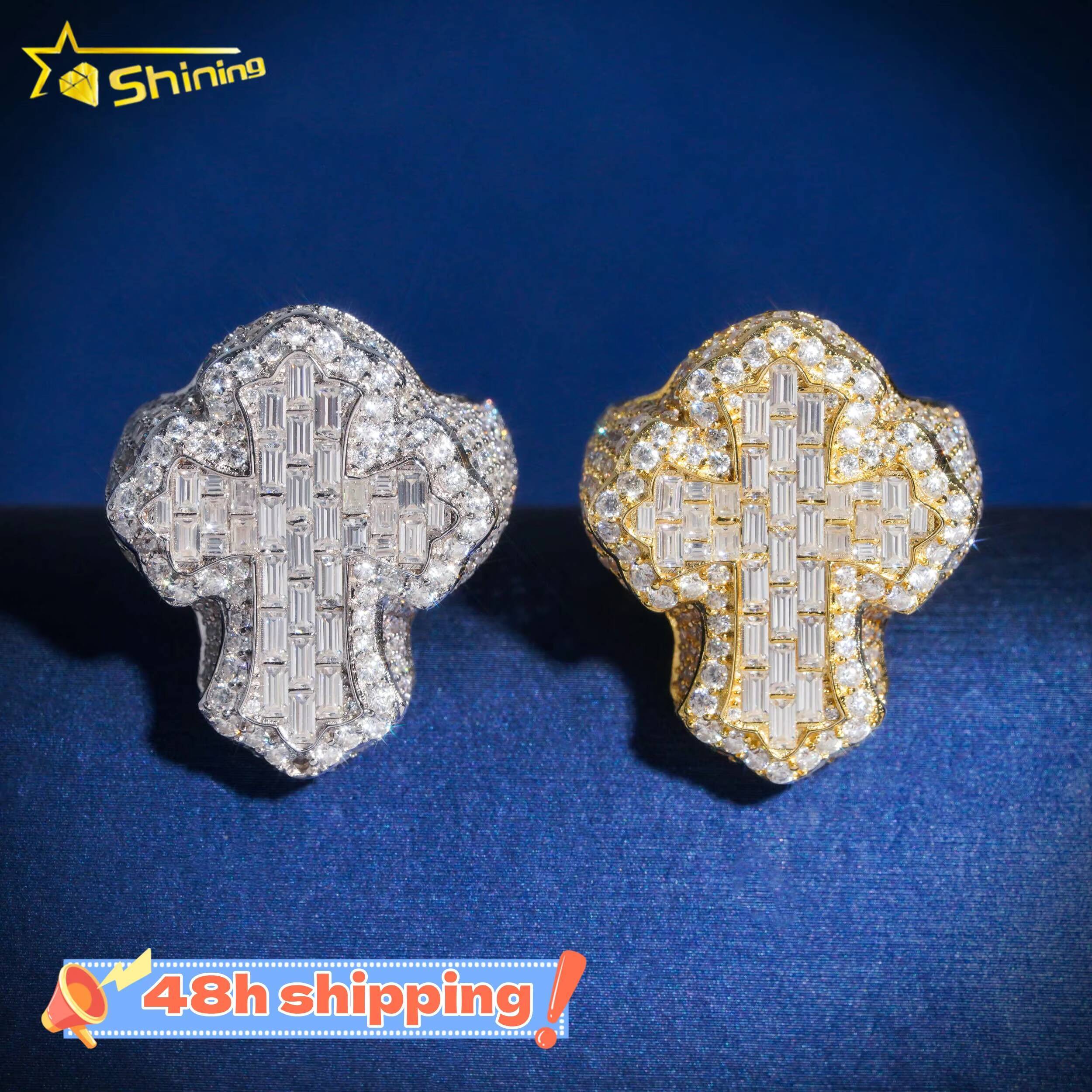 Hip Hop Fashion Iced Out Vvs Moissanite Cross Engagement 925 Sterling Silver Men Diamond Ring