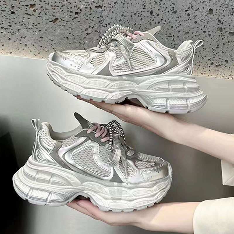 2025 Summer Autumn New Pearl Double Lace Genuine Leather 6CM Dad Shoes for Women Breathable Thick Sole Casual Sneakers