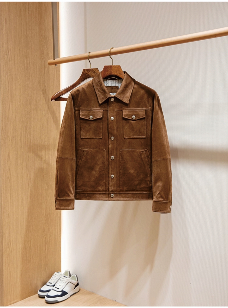 Suede fabric, old-fashioned style men's high-quality casual collar jacket. Use high-quality items to define your high-end fashion style