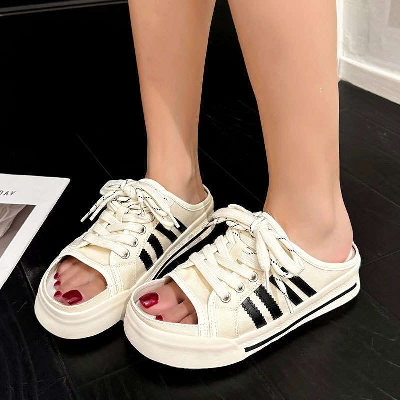 2025 Summer New Thick-Soled Half Slippers for Women, Fashionable and Versatile Outdoor Wear, Height-Increasing Canvas Casual Internet Celebrity Sandal