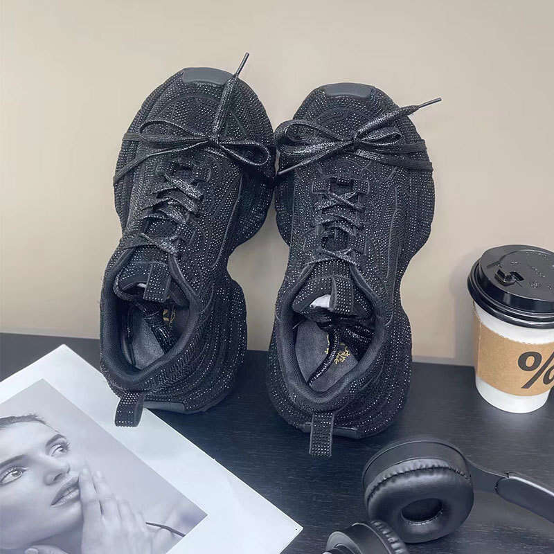 Women's Dad Sneakers Ins Super Popular Full Diamond Lace-up Casual Angora Red Niche Design Stylish Rhinestone Single Shoes