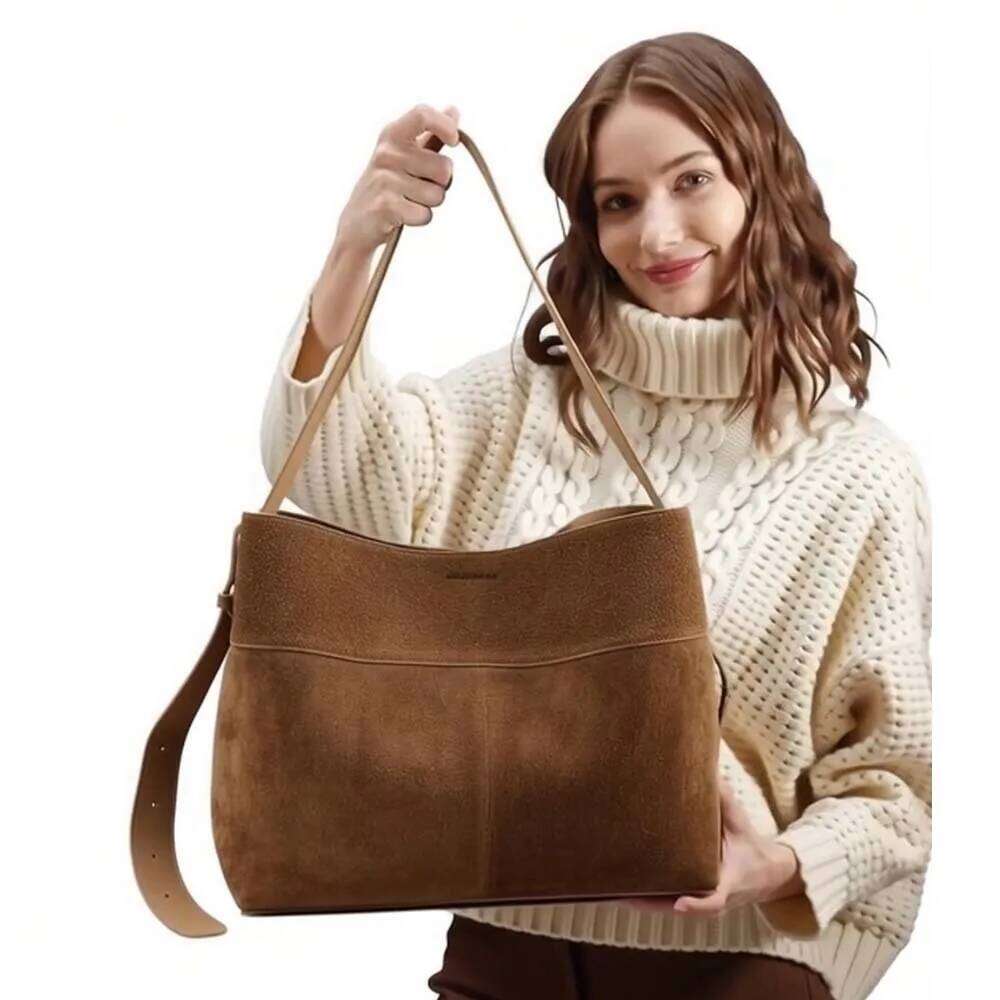 Winter Matte Suede Cow Leather Women Tote Coffee Retro High-end Warm Color Female Shoulder Bag Huge Commute Travel Handbag