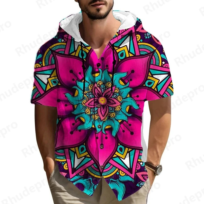 Summer Men 2025 Printed Shirt Streetwear Short Sleeve National Style Hoodie Clothing For Male Casual Loose Button Man Shirts 250808