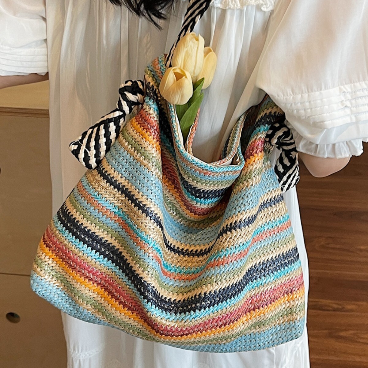 Beach Vacation Women's Colorful Woven Bag Free Shipping Designer Luxury New Large Capacity Casual Commuter Shoulder Tote Bag Leisure Shopping Han