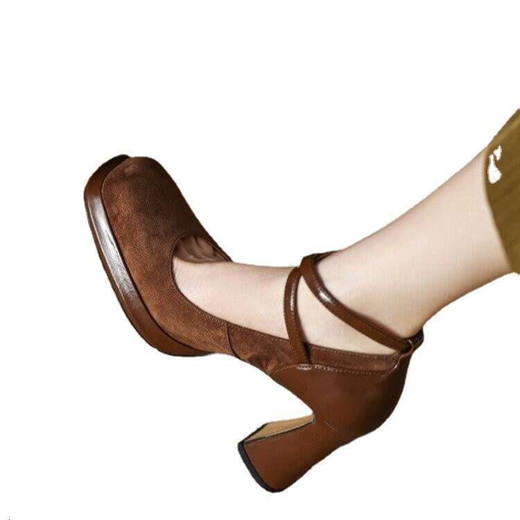 Elegant Lace-Up High Mary Jane Versatile Shallow Mouth Single Square Toe Chunky Heel Shoes Waterproof Platform 2023 Spring