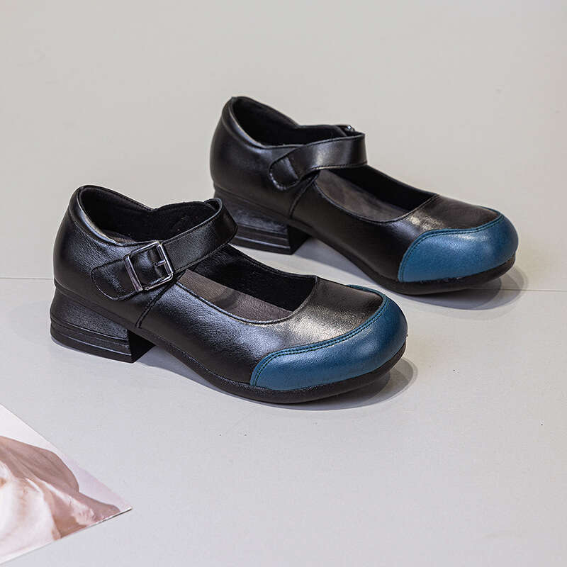 Cute Patchwork French Round Toe Breathable One-Strap Mom Women's Top Layer Cowhide Versatile Leather Shoes