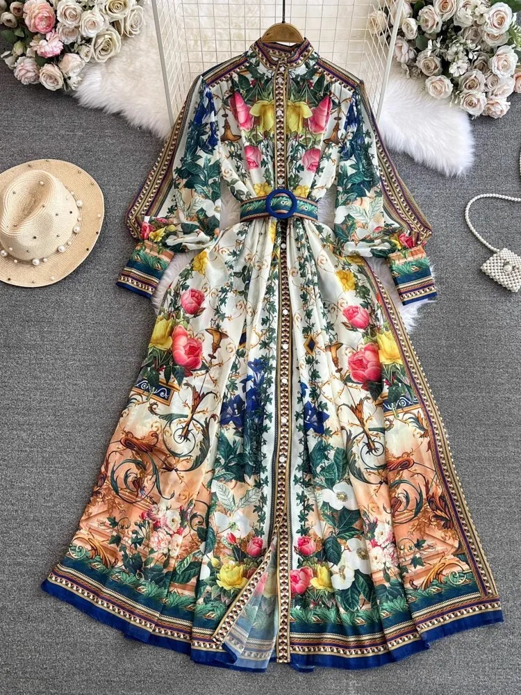 Summer Autumn Holiday Muslims Floral Maxi Chiffon Dresses Shirt Womens Lantern Long Sleeve Belt Print Loose Vestidos Midi Robe 250820