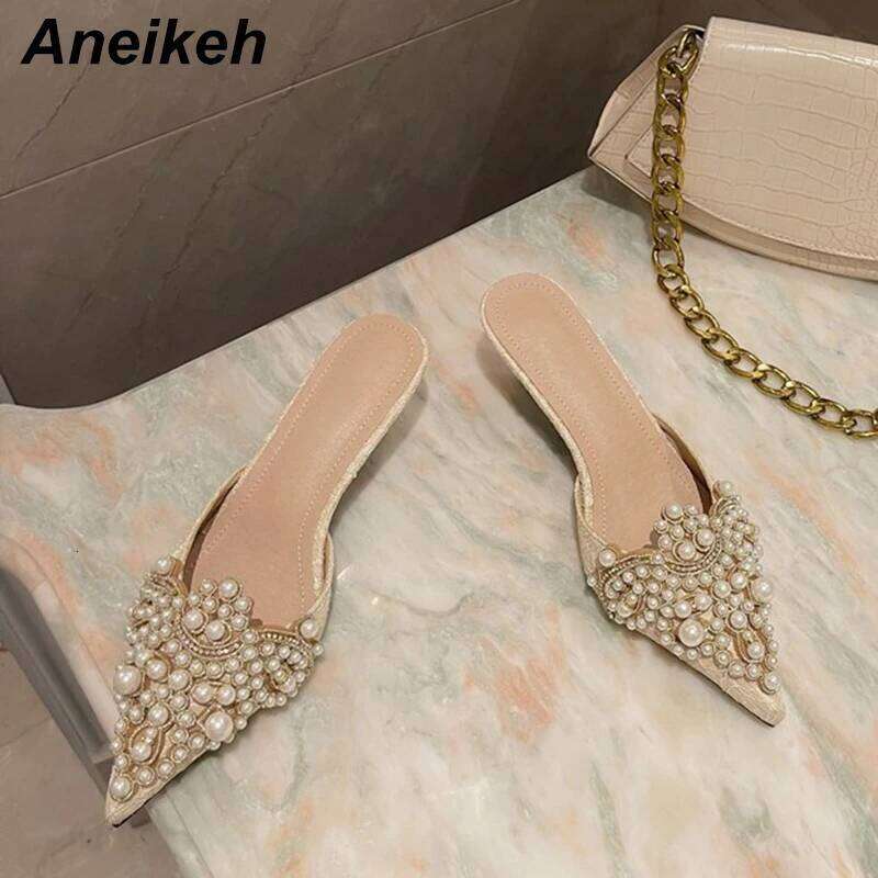 Aneikeh Spring/Autumn Fashion Sexy Women Shoes Elegant String Bead Crystal Patchwork Slip-On 35-42 Thin Heels Slipper NEW 2025