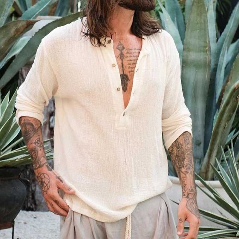 Vintage Henley Collar Buttoned Mens T Shirt Casual Breathable Long Sleeve T-shirts For Men Fashion Solid Color Loose Pullovers Y250819