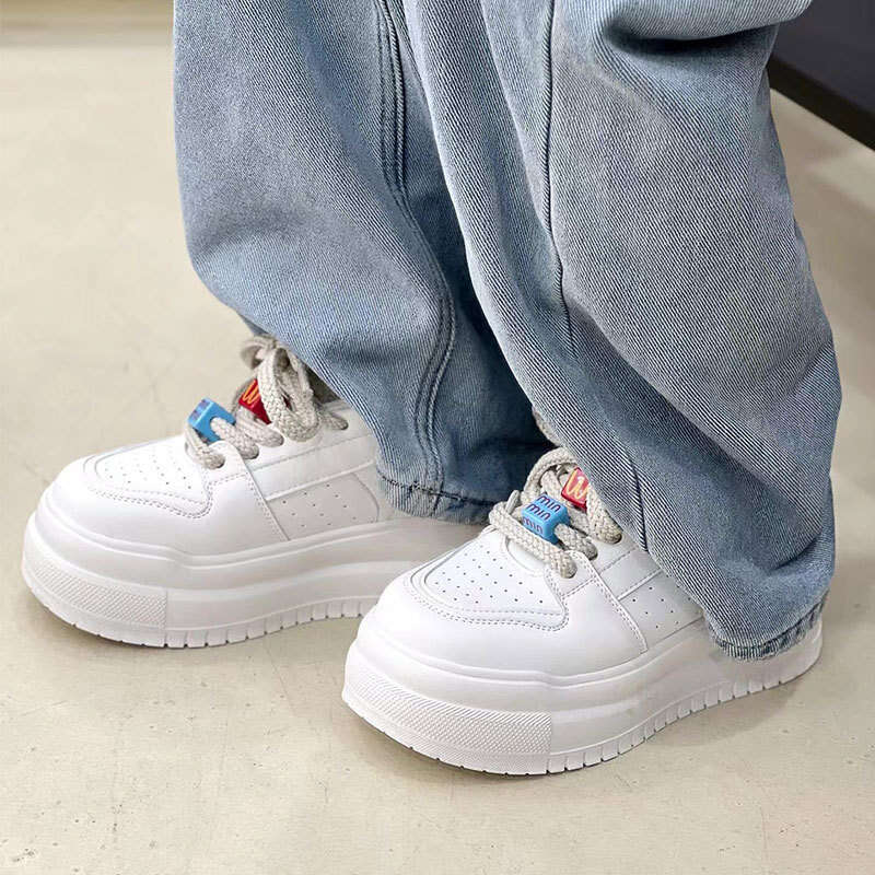 2025 Spring Summer New Genuine Leather Women's Thick Height Increase 6CM White Shoes Platform Sole Casual Versatile Sneakers