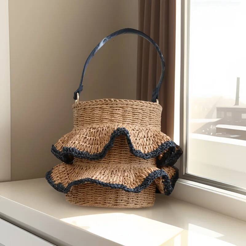 Summer Ruched Bucket Bohemian Shoulder for Women Travel Beach Bag Handbagsand Purses Paper Rope Woven Bags Clutch high-quality