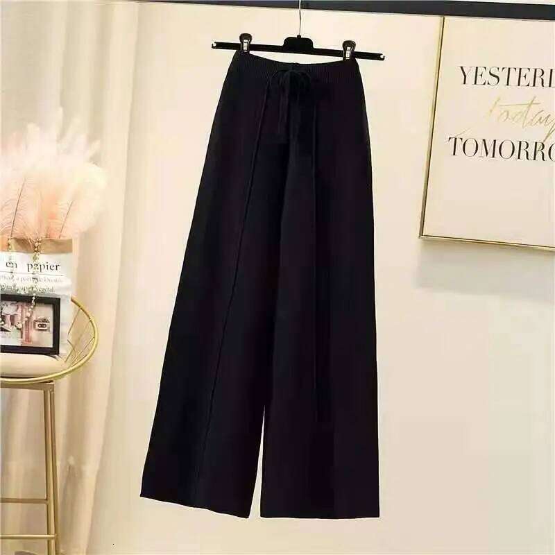 Knitted women spring and autumn high waist elastic drape drawstring loose casual mopping straight wide leg pants