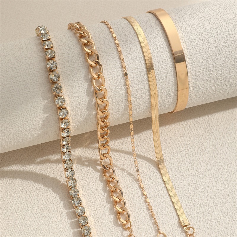 Elegant Gold & Diamonds 5-Piece Combined Bracelets - Chic Minimalist Jewelry Collection