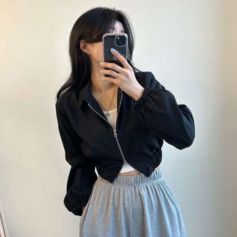 Spring and Autumn Korean Edition New Ins Trendy Women's Double Zipper Jacket Flip Collar Short Coat for Women