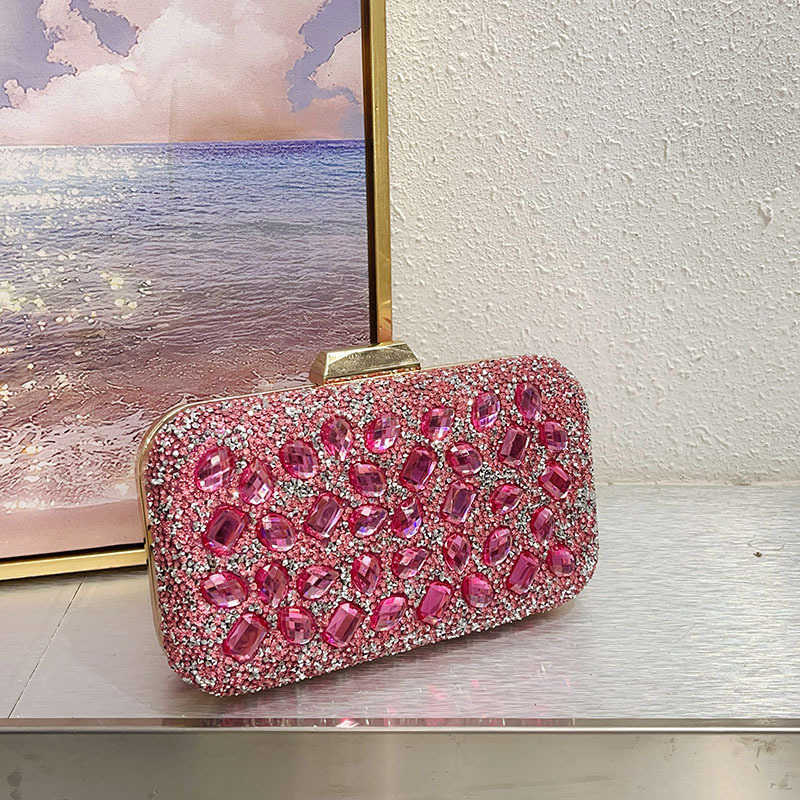 Pink Sweet Socialite Shiny Diamond-Encrusted Pink Crystal Box Color Clutch Versatile Crossbody Bag Evening Bag