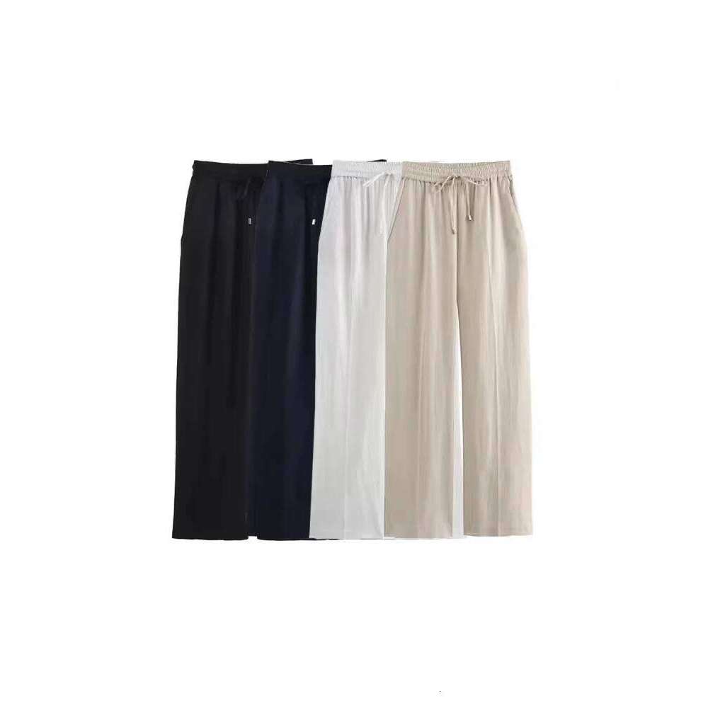 TRZA-Women's Straight Pants with Front Pockets, High Elastic Waist, Drawstrings, Female Trousers, Chic Fashion