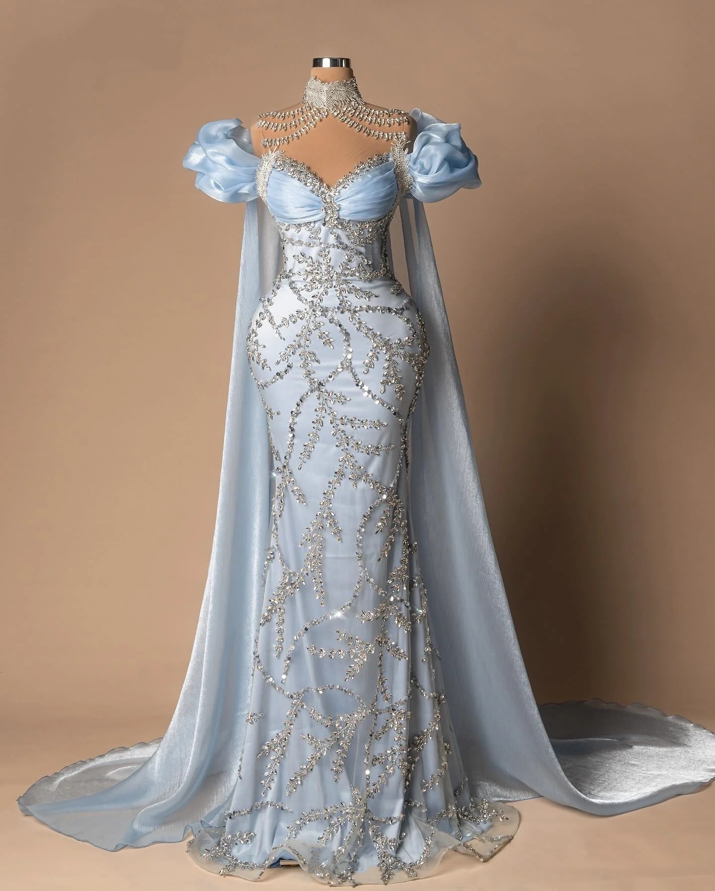 Modern High Neck Evening Dresses Rhinestone Beading Prom Gowns Princess Sweep Train Cape Sleeves Customized Vestidos De Noche Plus Size