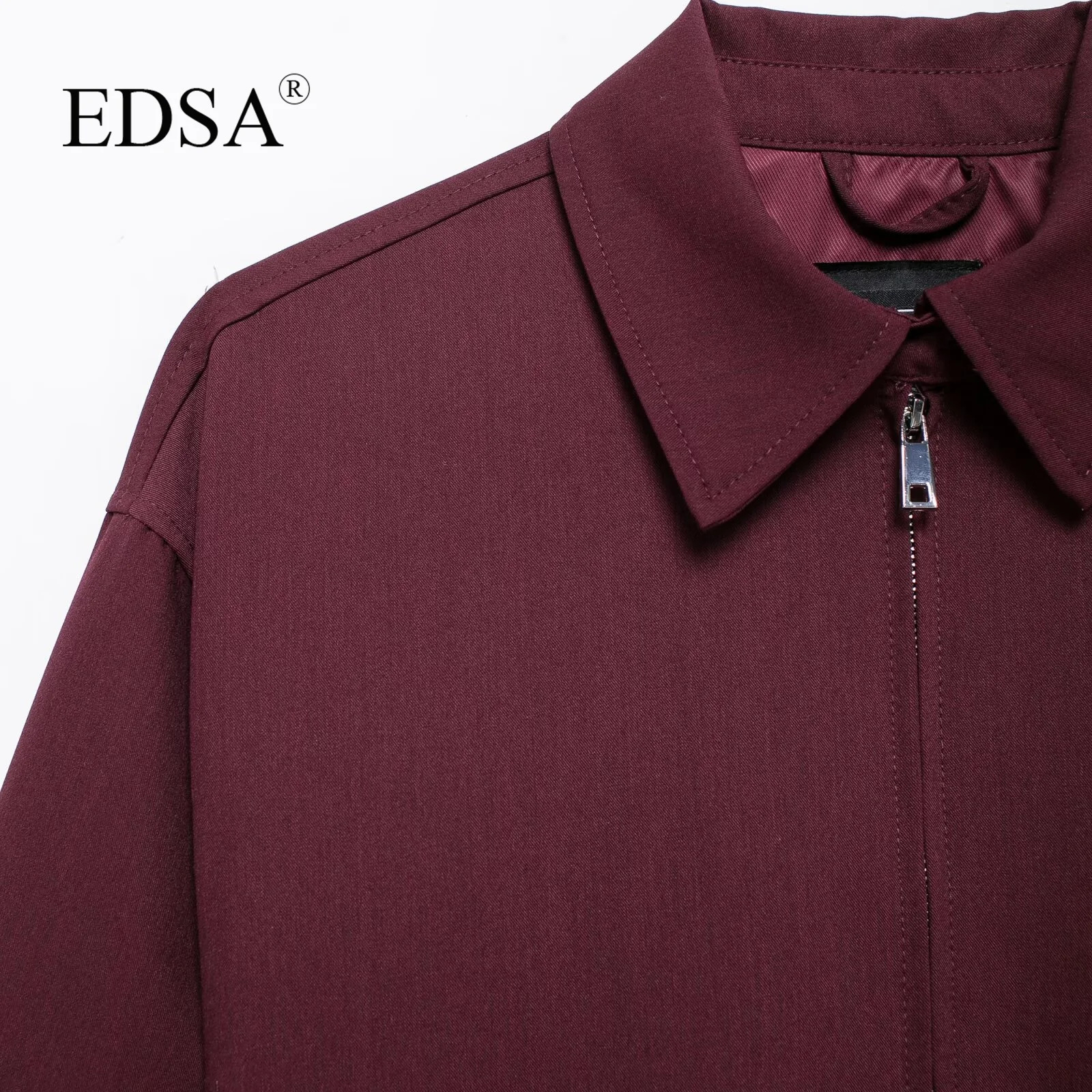 EDSA Women Vintage Loose Zipper Jacket Lapel Burgundy Color 2024 Autumn Fashion Versatile Street Outwear 250815