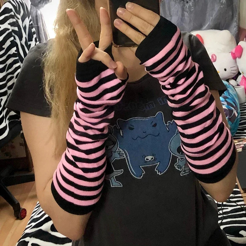 Punk Winter Warm Long Sleeves Gloves Goth Men Women Fingerless Stripe HipHop Knitted Elbow Mittens Elastic Outdoor Warmer Arm 250811