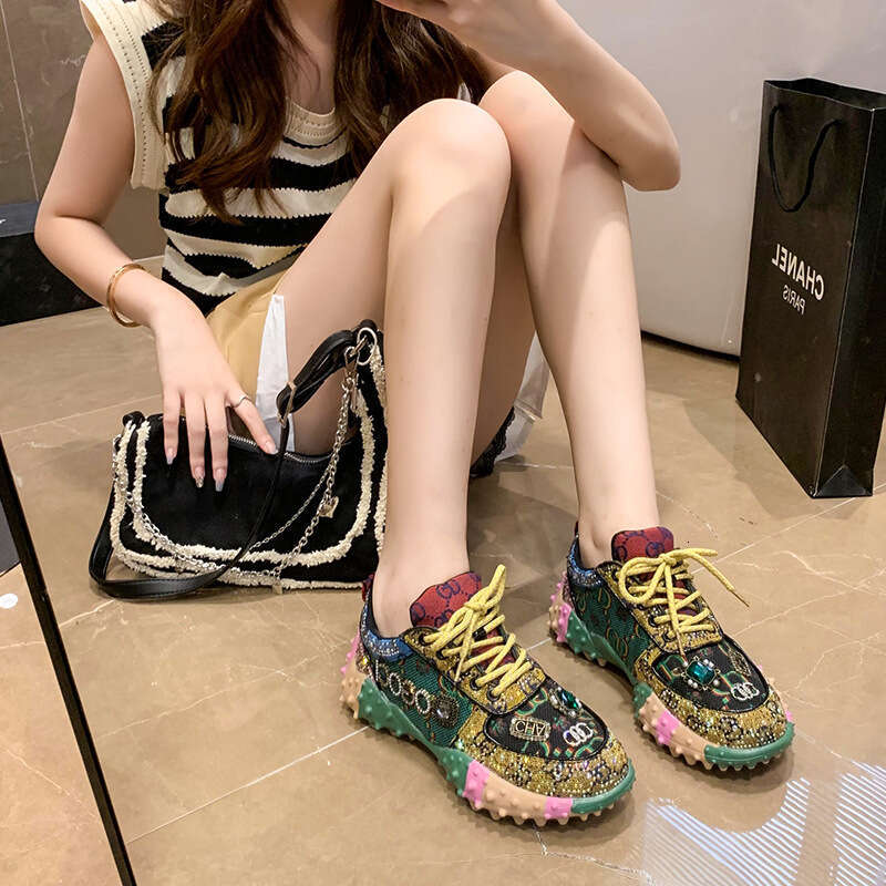 2023 Spring Heavy Craft Full Diamond Color Block Fashion Women's Dad Shoes High Top Thick Sole Height Increasing Letter Casual
