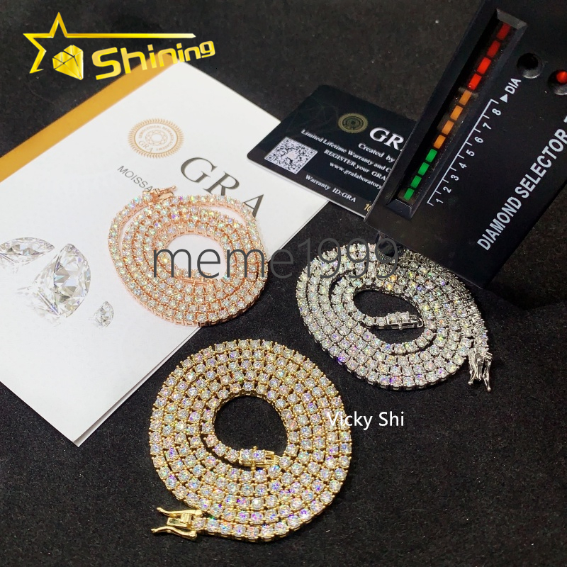 Fast Shipping Hip Hop Iced Out 3mm Moissanite Tennis Chain Men Women 925 Silver Moissanite Tennis Necklace GRA Certificated