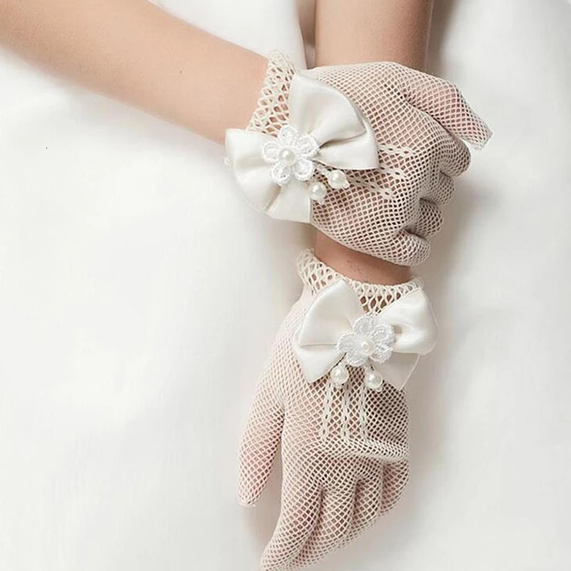 Mesh Bow White Gloves Dress Flower Girl Cute Simple Wedding Communion Party Princess Children Thin Short Elegant Mittens 250811