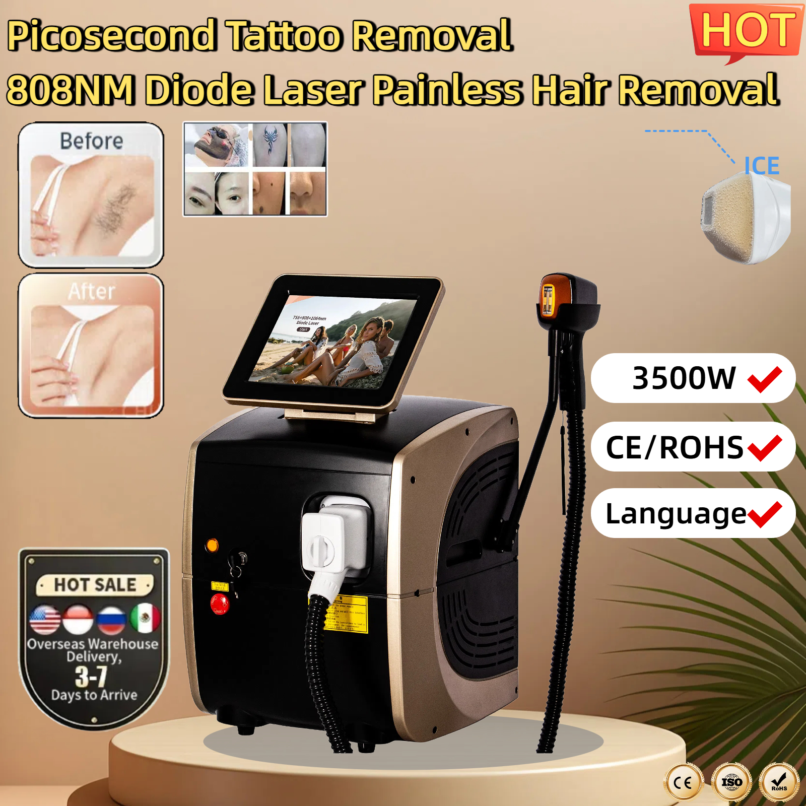 New 3000W Diode Removal 808nm Laser Hair Removal Machine Professional Diode Professional Laser CE/ROHS 755/808/1064nm