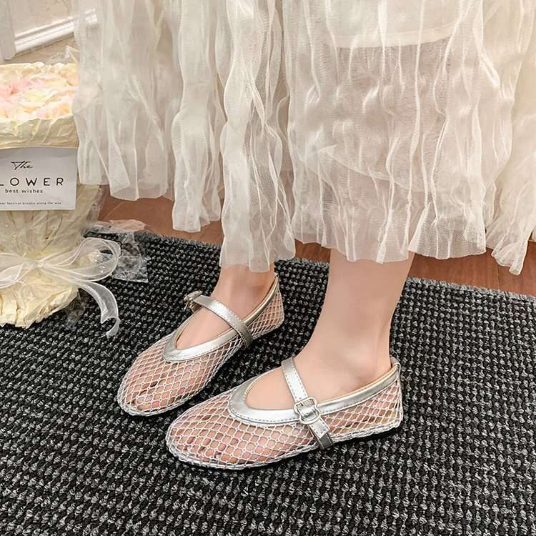 36-42 Large Size Flat Hollow Summer New Style Sandals for Women, Fishnet Surface Shoes, 2025 Mary Jane Single Shoes