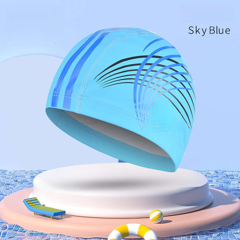 Adult Swim Fashion Print Ear Protection Non-Tightening Long Hair PU Unisex Training Swimming Cap