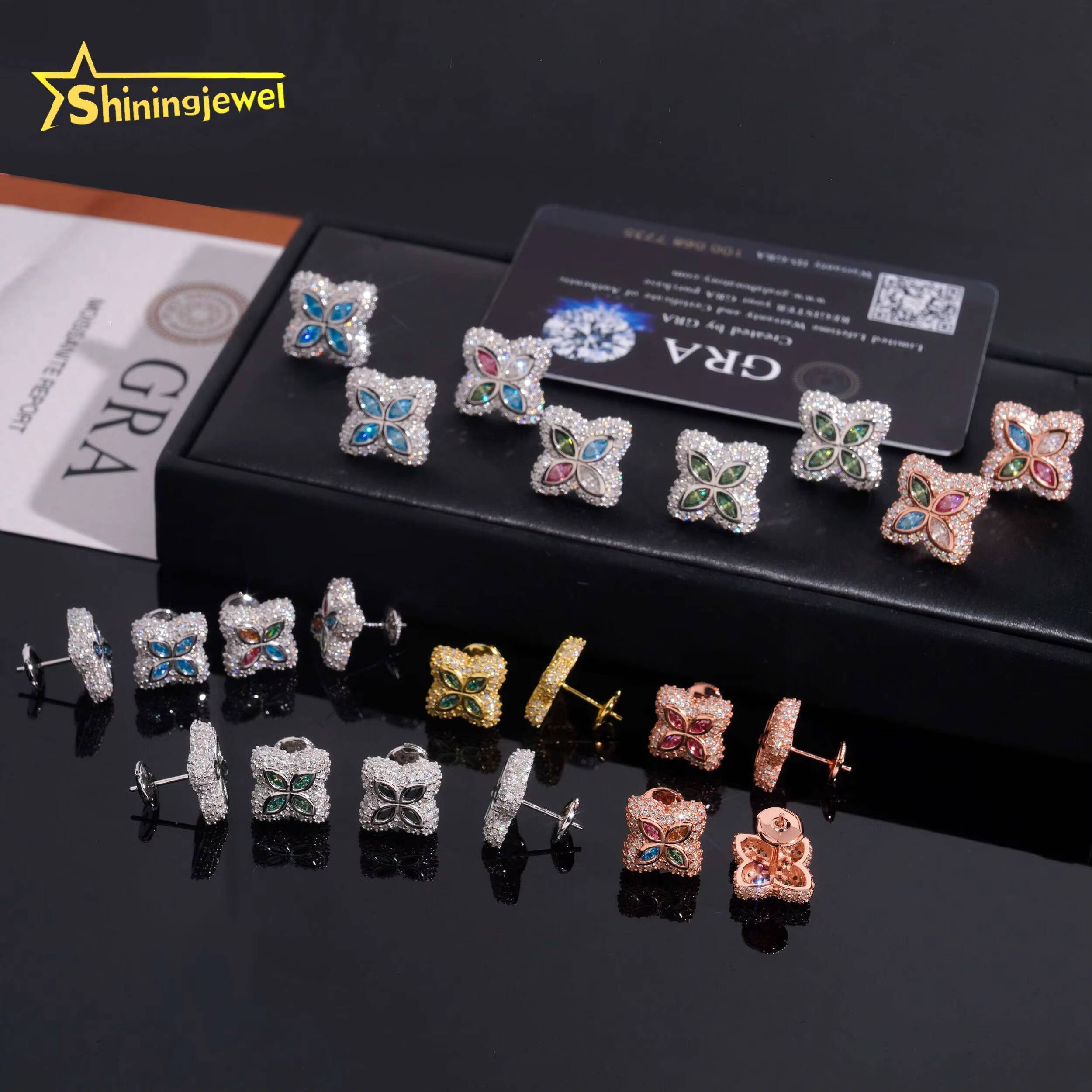 925 Sterling Silver Colored Clover Earrings Moissanite Screw Back Fine Jewelry Men Women Iced Out Moissanite Earrings Daily Wear