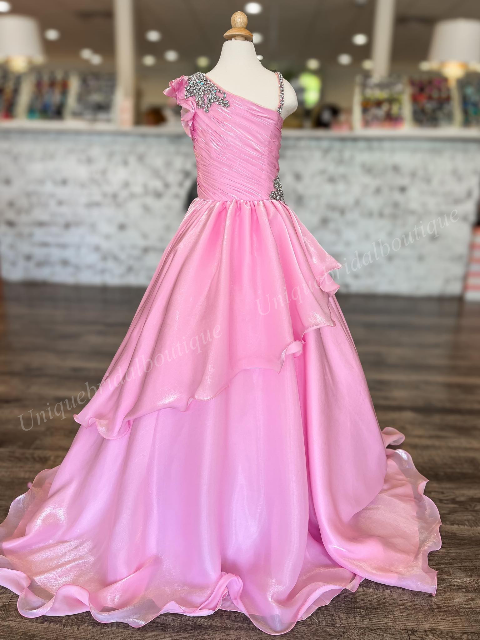 Pink Girl Mini Pageant Queen Dress One-Shoulder Mint Layer Organza Princess Little Kid Birthday Portrait Cocktail Party Gown Teen Miss On-Stage Appear