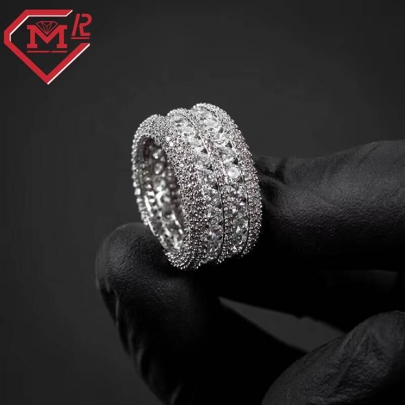 Double Rows Iced Out Moissanite Hip Hop Ring Pass Diamond Tester VVS Moissanite Diamond Ring for Men