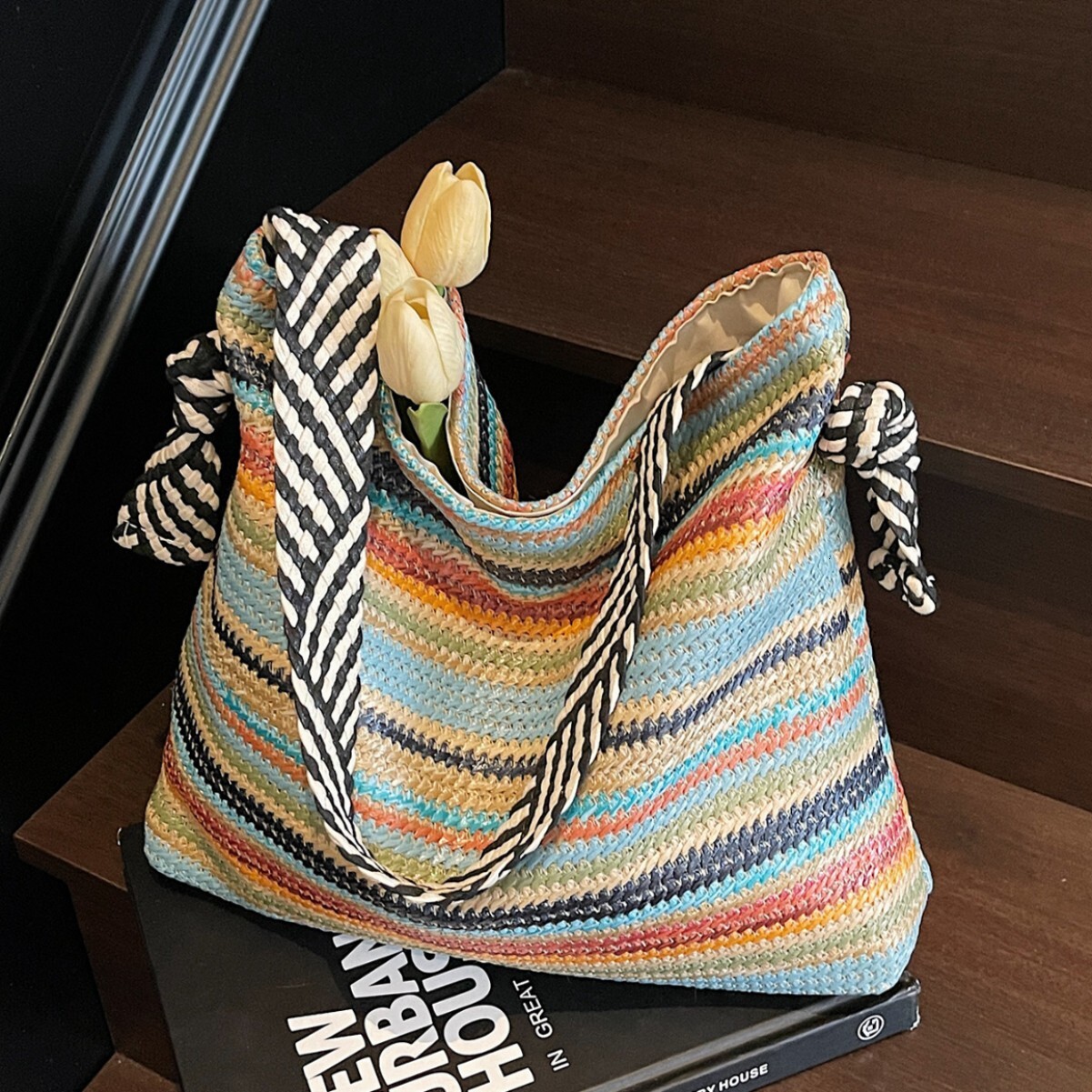 Beach Vacation Women's Colorful Woven Bag Free Shipping Designer Luxury New Large Capacity Casual Commuter Shoulder Tote Bag Leisure Shopping Han
