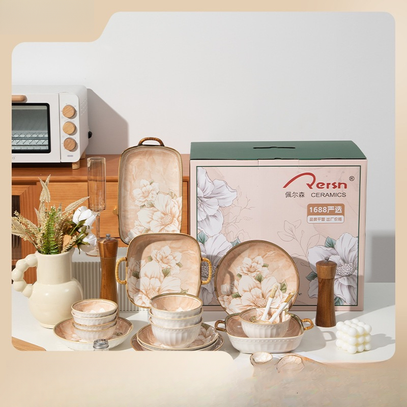 Household Camellia Ceramic Bowl Chopsticks High Aesthetic Underglaze Kitchenware Dining Essentials Outdoor Living Room Tableware