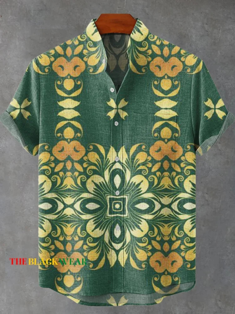 mens fishpattern shortsleeved shirt Summer vintage linen Mens casual resort streetwear Hawaiian 250808