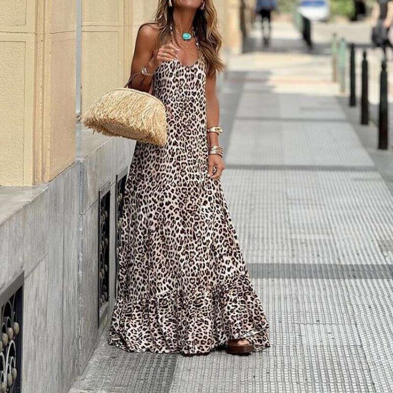 Dresses Women's Clothing 2025 Summer New Leopard Print V-Neck Halter Backless Sexy Strap Long Dress