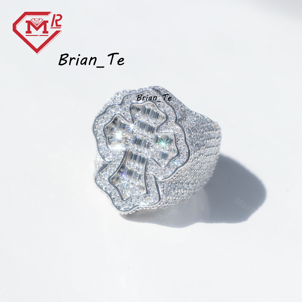 Pass Diamond Tester Moissanite Cross Ring 925 Sterling Sliver Fully Iced Out Vvs Baguette Diamond Moissanite Ring