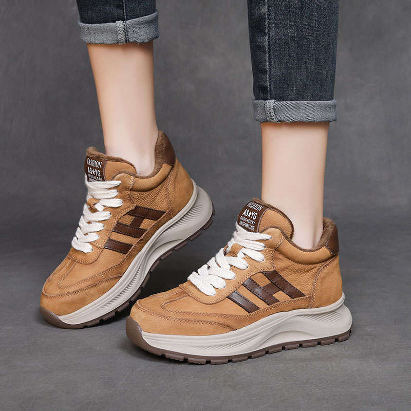 2024 Winter New Top Layer Cowhide High-Top Forrest Gump Shoes Women Korean Style Casual Sneakers with Fleece Lining for Warmth